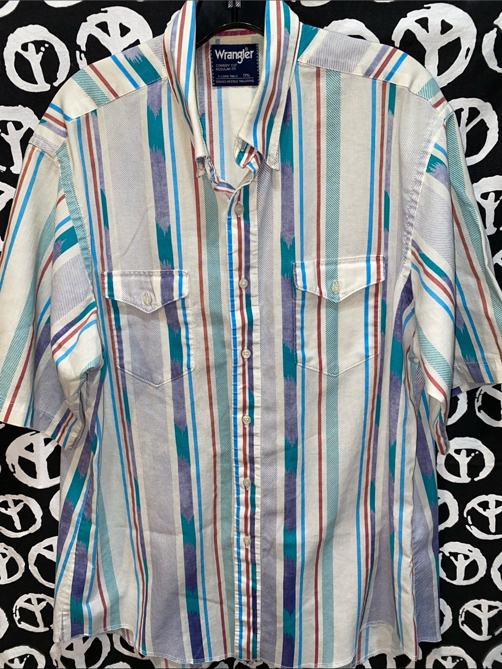 VTG MEN WRANGLER COWBOY CUT SHIRT SHORT SLV NUTTON-DOWN SZ 17 1/2